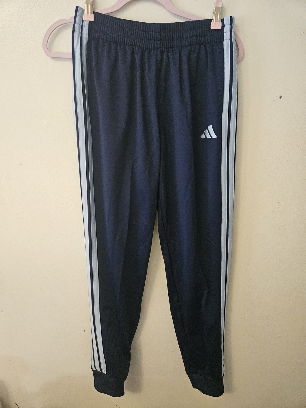 Adidas NWOT Kids Navy Blue Track Pants with Light Blue Side Stripes